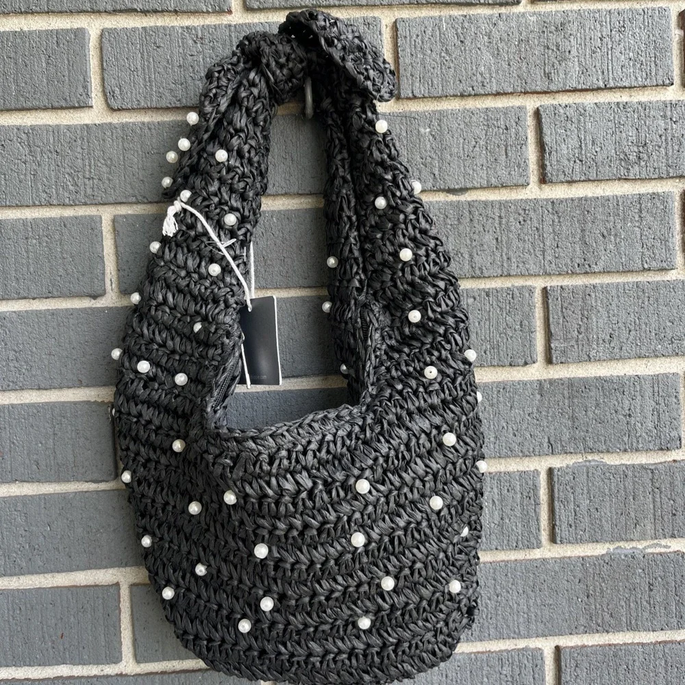 NWT Haute Hippie Beaded Hobo Bag Black with Pearl Accents Women's Handbag
